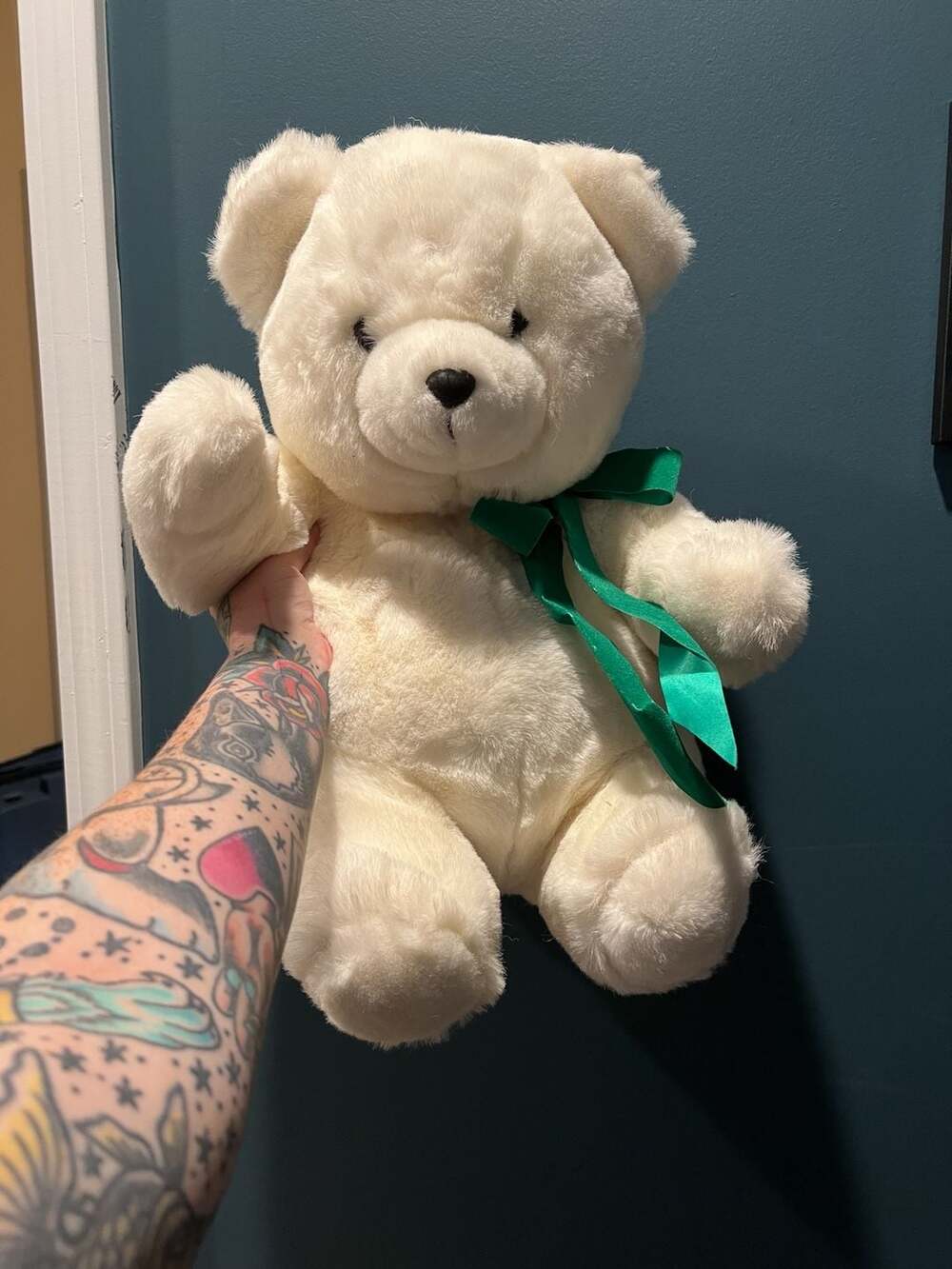 Vintage Plush White Teddy Bear Stuffed Animal with Green Ribbon